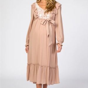 Dusty Pink Floral Embroidered Ruffle Maternity Dress